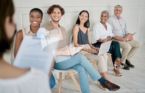 Image of Hiring, human resources or people in a waiting room for a marketing job interview at a office building. Onboarding, men and business women with career goals wait as a group for company hr manager