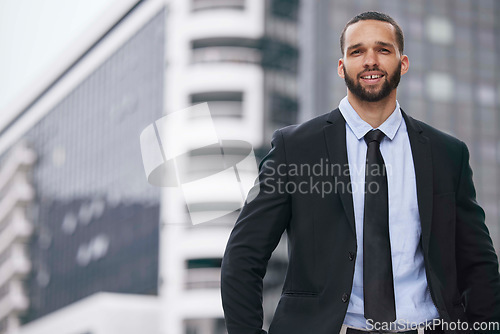 Image of Portrait, business and man in city, outdoor and corporate manager with smile, suit and career. Latino male, manager or ceo in street, employee and leader with company success, leadership or executive