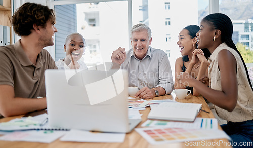 Image of Laptop, online meeting and team speaking to their colleague on a video call in an office. Collaboration, discussion and business people planning a strategy together with a video conference call.