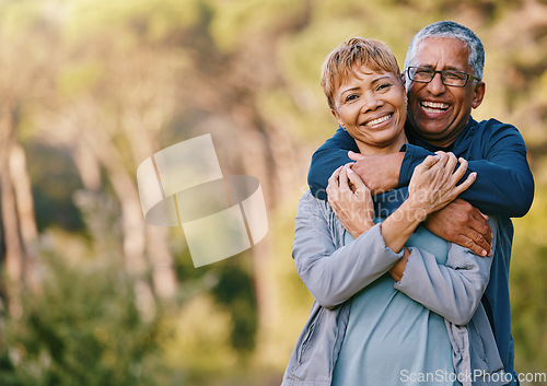 Image of Nature, love and portrait of a senior couple hugging in a garden while on romantic outdoor date. Happy, smile and elderly people in retirement embracing in park while on a walk for fresh air together