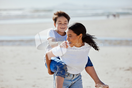 Image of Mother, beach piggyback and asian child with smile, family bonding and outdoor vacation in sunshine. Happy family, interracial and ride on woman back for adoption, love and game by ocean for holiday