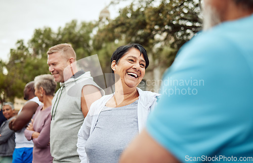 Image of Talking, fitness or happy senior friends bonding or laughing for team building or training support. Runners community or healthy mature people with body goals after running exercise or cardio workout