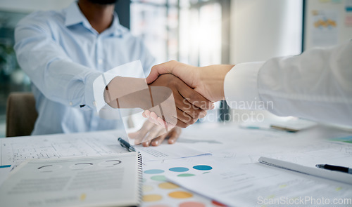 Image of Handshake, office and business people with corporate deal, agreement or partnership with success. Meeting, professional and businessmen shaking hands for welcome, greeting or company onboarding.