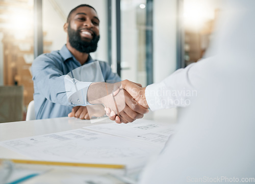 Image of Black man, handshake and architecture with architect hiring, job interview and onboarding, office and blueprint plan. Human resources, recruitment and partnership with deal, contract and thank you