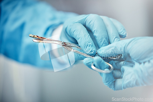 Image of Team work, surgery or hands with a scissors in hospital for an operation procedure working or helping. Trust, medical people or healthcare doctors in emergency room with safety gloves or job tools