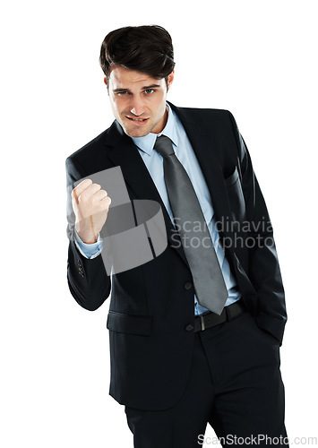 Image of Fist pump celebration, portrait and business man celebrate corporate victory, winning achievement or profit success. Winner pride, bonus salary and cocky studio lawyer or salesman on white background