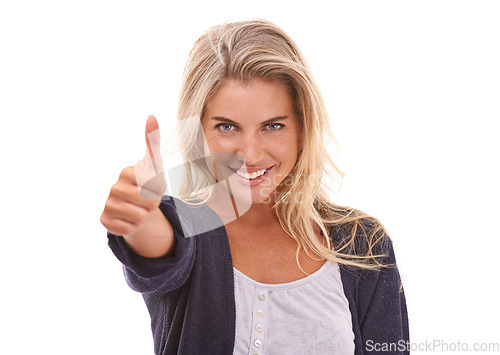 Image of Portrait, woman and thumbs up in studio for success, winning and thank you against white background. Face, grl and hand emoji for vote, deal and sale or good news, promote and agree while isolated