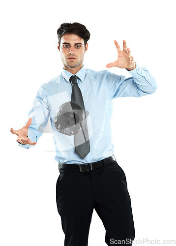 Image of Business man, black skull and levitation in studio isolated on a white background. Magician, spirit and male employee levitating head or scalp in air for evil, death or occult, voodoo or magic trick.