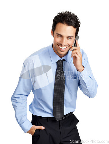 Image of Phone call, studio and business man with communication, corporate negotiation and networking strategy. Smile of a professional worker using phone or smartphone for career feedback, job review or news