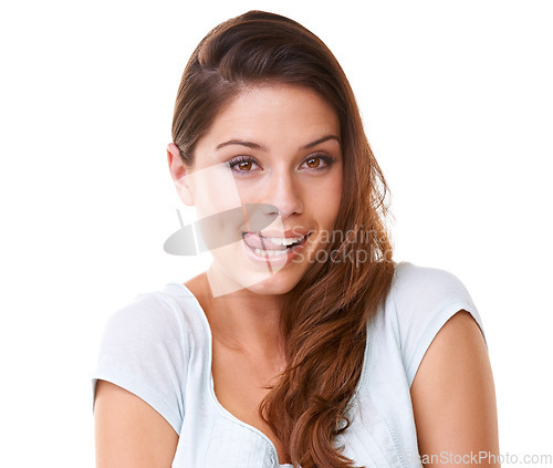 Image of Portrait, tongue and woman flirting in studio, silly and playful against white background space. Face, funny and girl facial expression, comic and emoji, crazy and having fun while standing isolated