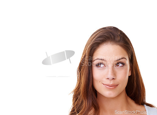 Image of Thinking, mockup and smile with woman and idea for question, product and deal choice. Why, solution and sale with girl model wondering for beauty, decision and planning in white background studio