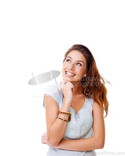 Image of Thinking, mockup and smile with woman and idea for question, product and deal choice. Why, solution and sale with girl model wondering for beauty, decision and planning in white background studio