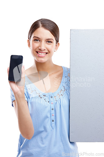 Image of Portrait, phone and poster with a model woman in studio isolated on a white background for brand advertising. Communication, marketing and mockup with a female posing to promote blank branding space