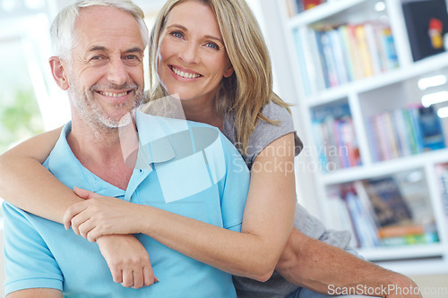 Image of Senior couple, happy and portrait in their home with love, care and support for retirement lifestyle. Commitment of a man and women on a healthy marriage with trust and security on living room couch