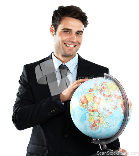 Image of Portrait of happy man holding globe, business and in international sustainability industry isolated on white background. Worldwide work and corporate logistics businessman with planet earth in hands.