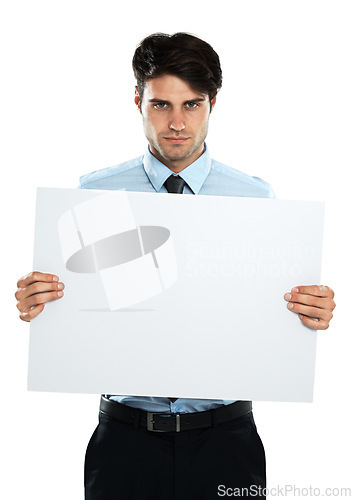 Image of Placard mockup, portrait and business man with marketing poster, advertising banner or product placement space. Billboard promotion sign, studio mock up and sales model isolated on white background