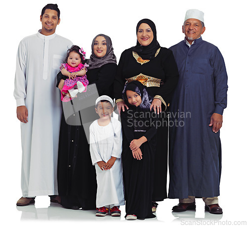 Image of Big family, happy portrait and children, parents and grandparents together for Islam religion eid. Happy arab women, men and kids from Islamic culture in ramadan isolated on a white background