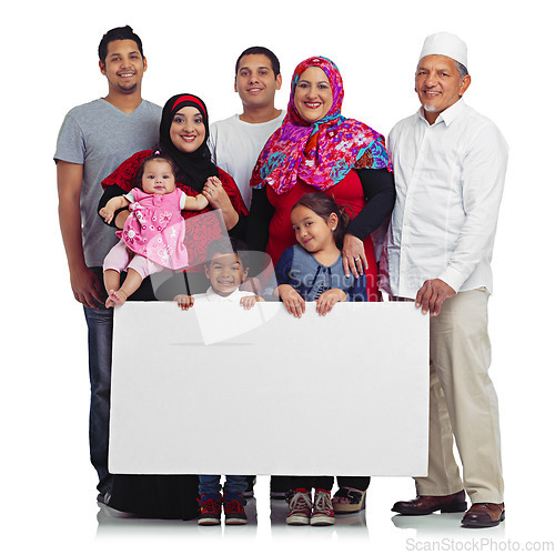 Image of Poster, portrait and muslim family with space for advertising Islam religion with children, men and women. Islamic people and kids with banner sign for eid promotion isolated on a white background