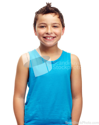 Image of Boy, kid and smile for studio portrait, white background and isolated alone. Happy young child, model and casual kids lifestyle for healthy growth, fun youth development and happiness with confidence
