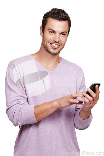 Image of Portrait, man and smartphone for typing, search internet and guy isolated on white studio background. Male, gentleman and phone for communication, connection and social media for chatting and texting