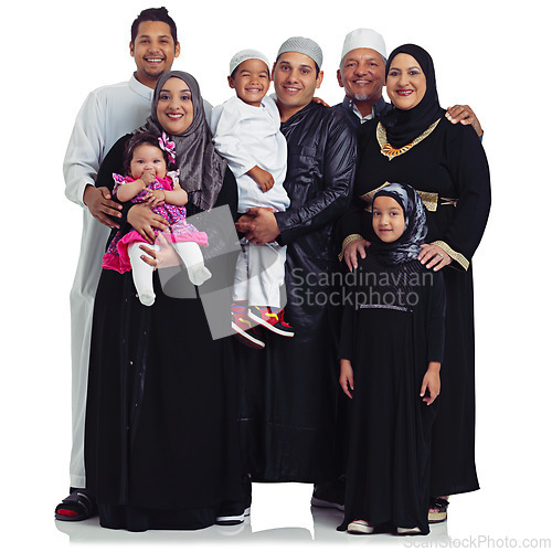 Image of Big family, portrait and muslim women, men and children together for Islam religion love, peace and arab culture. Islamic parents, grandparents and kids together for eid isolated on. white background