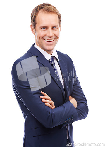 Image of Portrait, mindset and vision with a business man in studio isolated on a white background standing arms crossed. Mission, future and growth with a male employee in a suit for corporate success