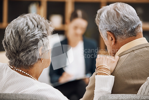 Image of Counseling, senior couple and psychology consultation with therapist for advice, help or support. Back view, old man and elderly woman talking to psychologist, therapy service and marriage consulting