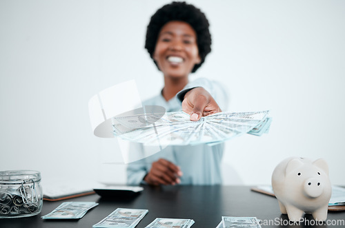 Image of Hand, dollars and black woman with money for payment, financial investment or bribe in office. Portrait, finance or business woman offering cash for banking, deal or savings, loan or money laundering