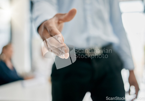 Image of Handshake, employee welcome and hand of a businessman for b2b, recruitment and corporate meeting. Thank you, consulting and worker hiring, networking and giving an hr hello for an agreement deal