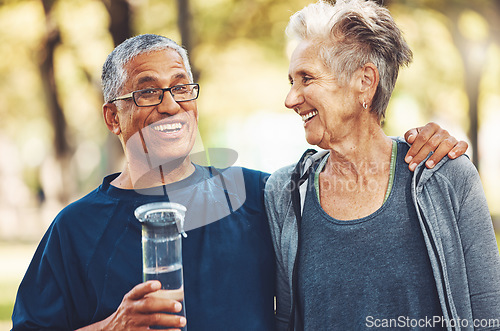 Image of Exercise, senior couple in park and water bottle for training, workout and smile. Mature man, elderly woman and hydration for practice, cardio and energy for wellness, health and fitness in nature.