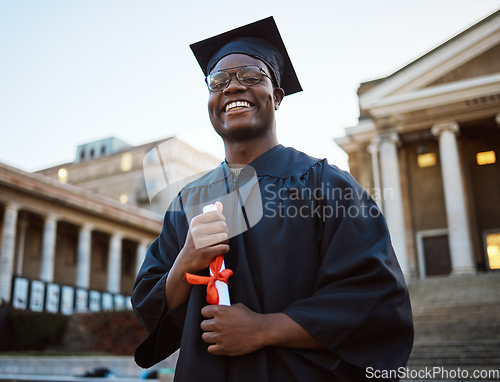 Image of University diploma, graduation and portrait of a black man at campus to celebrate success in school. Scholarship, pride and African student with college certificate for academic achievement in USA