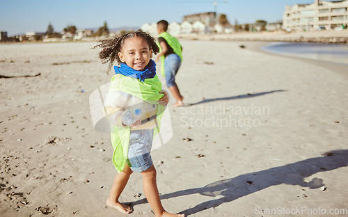 Image of Plastic, beach and child recycling in portrait for earth day, ocean and environment cleaning education, learning and volunteer support at ngo. Recycle, community and girl with bottle for kid project