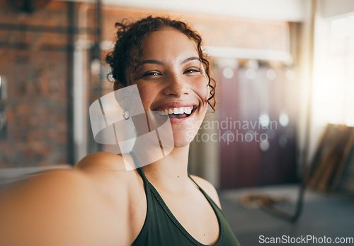 Image of Fitness portrait, exercise and gym selfie of a woman happy about workout, training motivation and body wellness. Young sports female or athlete with a smile on social media blog for healthy lifestyle