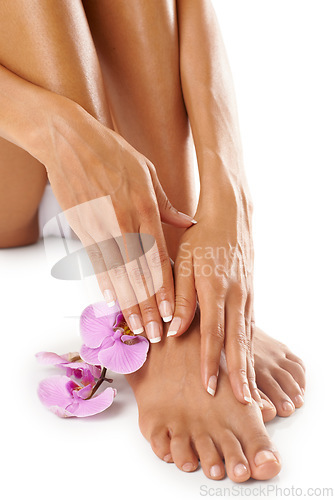 Image of Hands, feet and woman with flower and beauty, manicure and pedicure spa treatment zoom with nails and healthy skin. Natural cosmetics with organic skincare, nature and cosmetic care with wellness