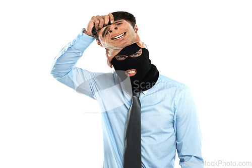 Image of Corruption, crime and criminal mask portrait of worker hiding identity for fraud behaviour. Corporate businessman with balaclava for theft, scam or burglary on isolated white background.