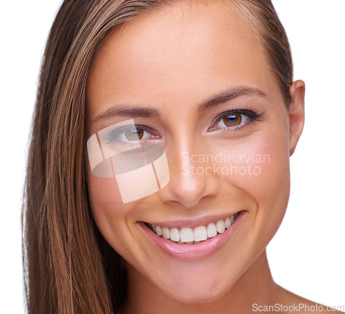 Image of Portrait, beauty and skincare with a model woman in studio isolated on a white background for natural treatment. Face, dental and smile with a beautiful young female posing to promote oral hygiene