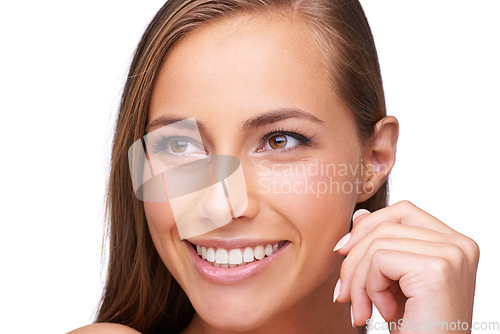 Image of Face, beauty and thinking with a model woman in studio isolated on a white background for skincare. Idea, product and salon with an attractive young female posing to promote an antiaging product