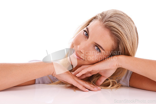 Image of Cosmetics, peace and portrait of woman with confidence, happiness and relax on white background. Happy, pride and face of model resting, zen body language and confident isolated on studio background