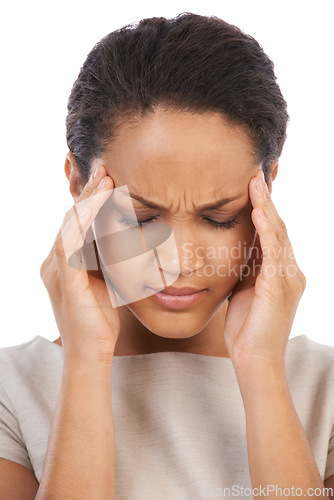 Image of Headache, business woman and stress of a model face feeling anxiety and job burnout. White background, isolated and black woman with fatigue from work, overtime and corporate tax job problem