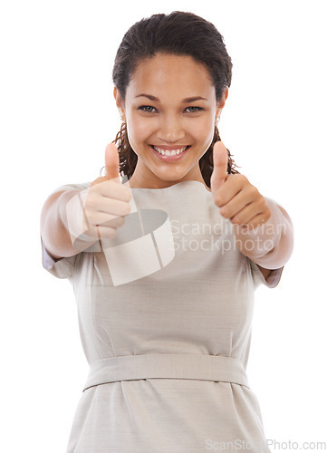 Image of Thumbs up, satisfaction and portrait of happy black woman with emoji gesture for congratulations, job well done or winner. Agreement, finished and studio girl with yes hand sign on white background