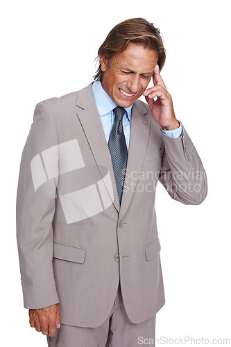 Image of Stress, anxiety and headache of sad ceo upset thinking of career problem, mistake or fail. Depressed, frustrated and tired corporate businessman overwhelmed at isolated white background.