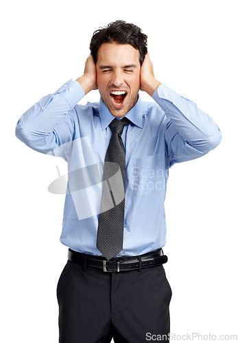 Image of Businessman, headache and shouting frustrated with hands on head, overworked employee and angry in white background. Corporate man, burnout stress and screaming with head pain isolated in studio