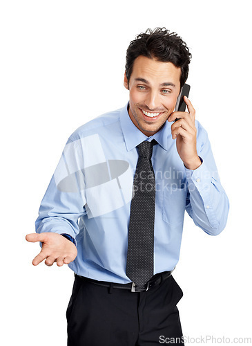 Image of Phone call, corporate and male lawyer in a studio consulting, speaking or talking on a mobile. Happy, smile and businessman having a conversation on a cellphone while isolated by a white background.