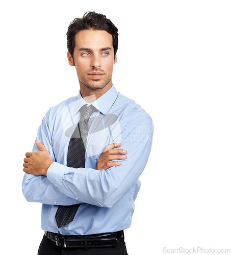 Image of Businessman, thinking or arms crossed on studio background in company growth vision, innovation or mindset. Corporate worker, employee or leadership and ideas for global financial success or security