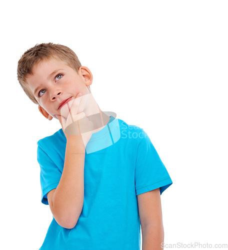 Image of Planning, decision and boy thinking with wonder, fantasy and young person isolated on white studio background. Male child, small kid or mindset with day dreaming, creative or goal on studio backdrop