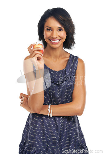 Image of Health, apple and smile with portrait of black woman for diet, nutrition or organic choice. Food, vitamins and fiber snack with isolated Brazil girl and fruit for natural, weight loss or clean eating