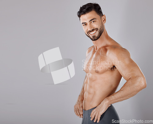 Image of Fitness, health and beauty with portrait of man and mockup for product, muscle and sports training. Skincare, workout and exercise with bodybuilder model for power, energy and wellness in studio