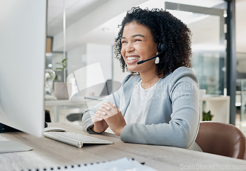 Image of Black woman, call center and computer with CRM and contact us, phone call with customer service or telemarketing. Tech support, tech and office with communication and contact center female employee.