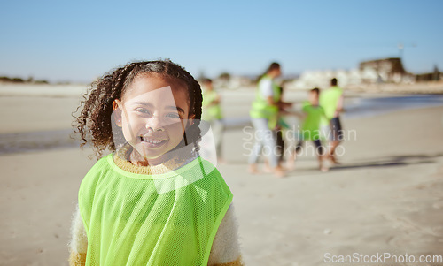 Image of Young girl, beach cleaning and environment portrait with climate change and recycling, volunteer vest and kid clean outdoor. Face, smile and youth with sustainability, waste with pollution and mockup