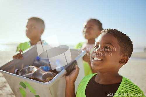 Image of Recycle, boy and cleaning beach for sustainability, environment and awareness. Male child, volunteer and kids seaside for cleanup, plastic collection and eco friendly for pollution and global warming